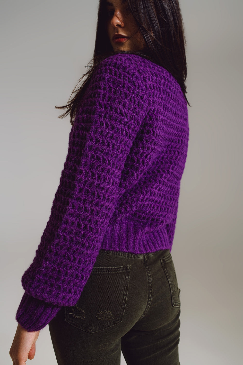 Waffle Knit Relaxed Sweater With High Neck In Purple