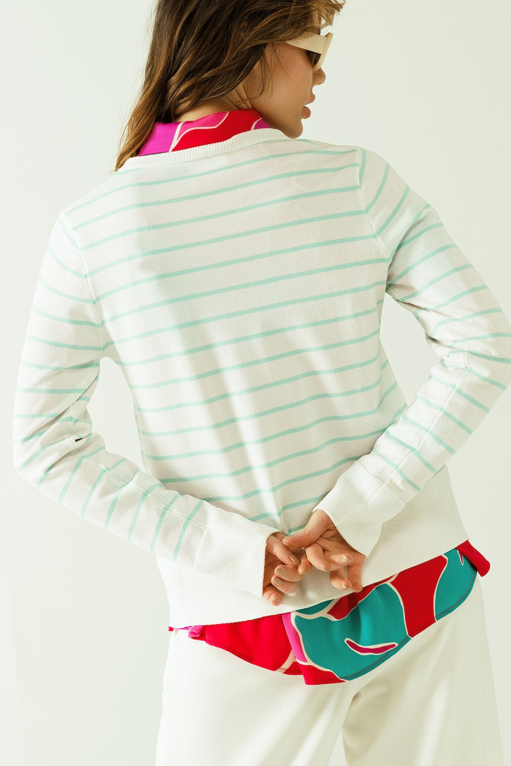 White Long Sleeves Sweater with Stripes