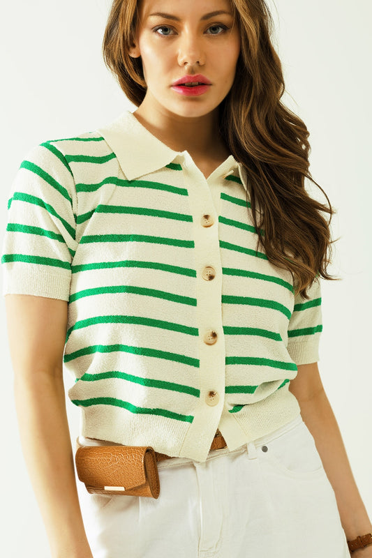 White Polo Shirt With Green Stripes And Front Closure With Buttons