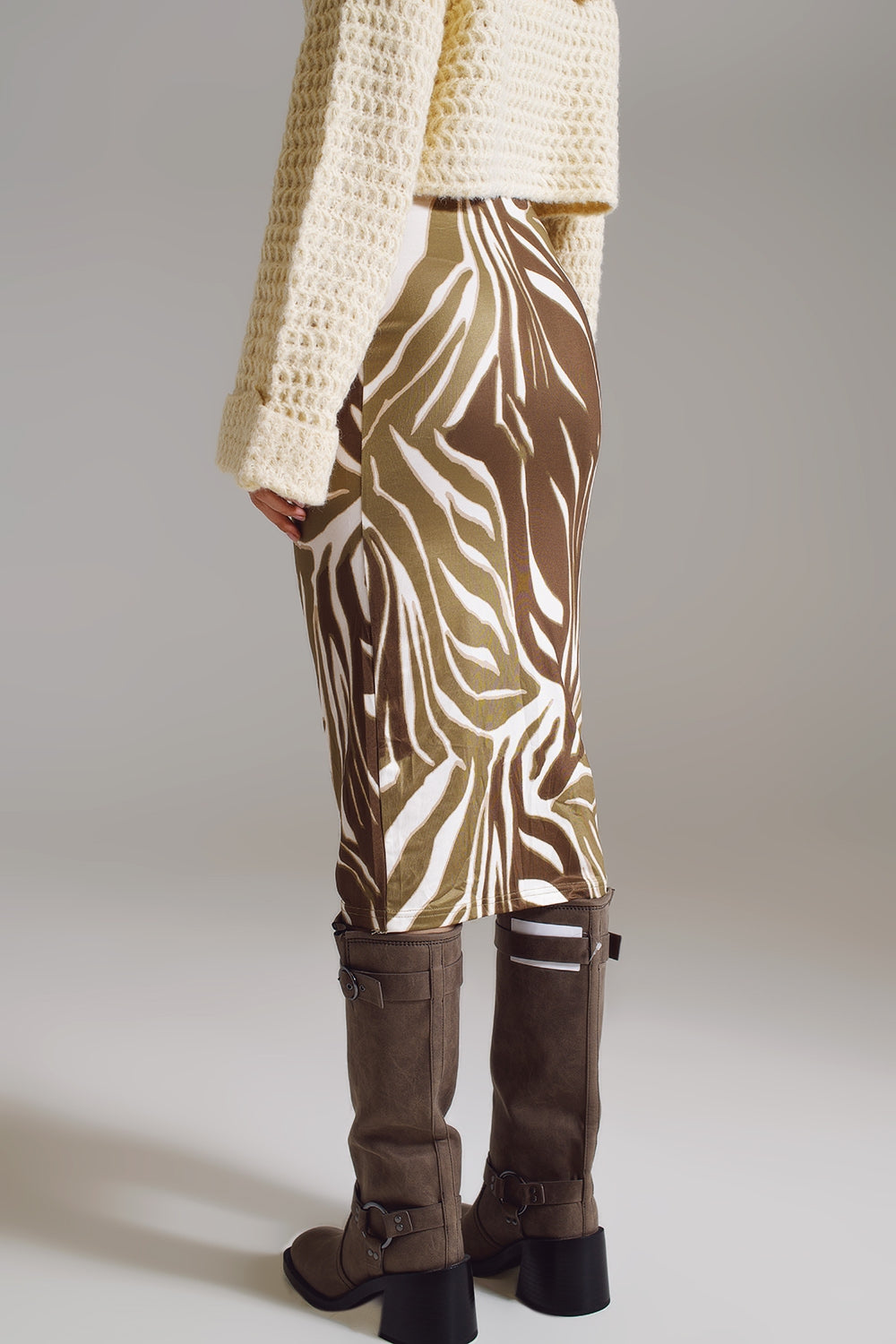 Wrap Skirt With Gathered Detail At The Side In Olive Green And Cream Zebra Prin