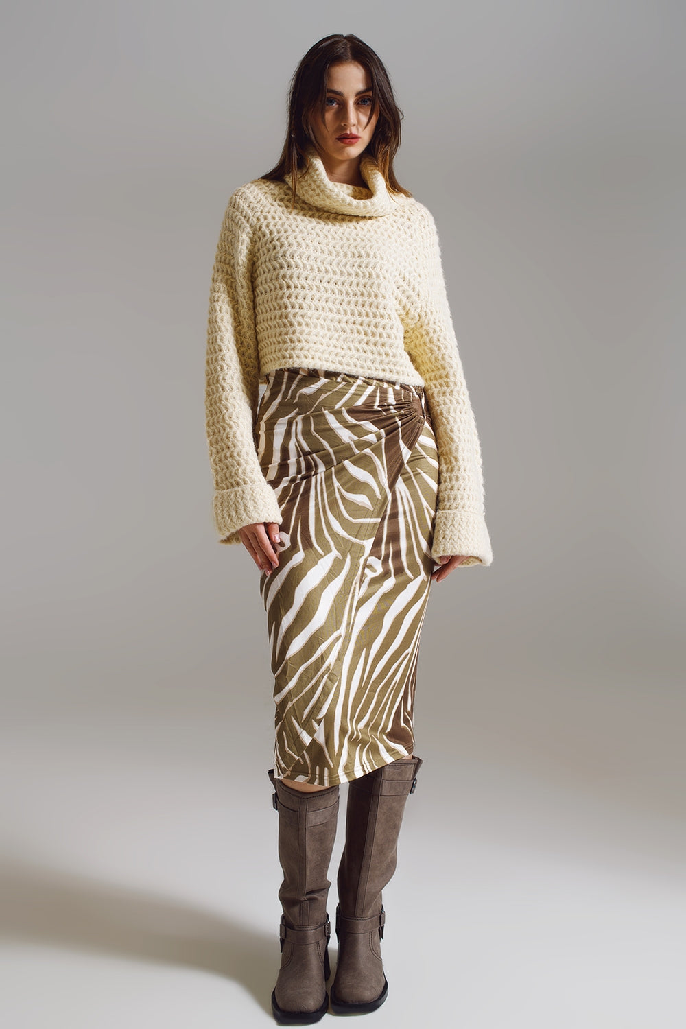 Wrap Skirt With Gathered Detail At The Side In Olive Green And Cream Zebra Prin