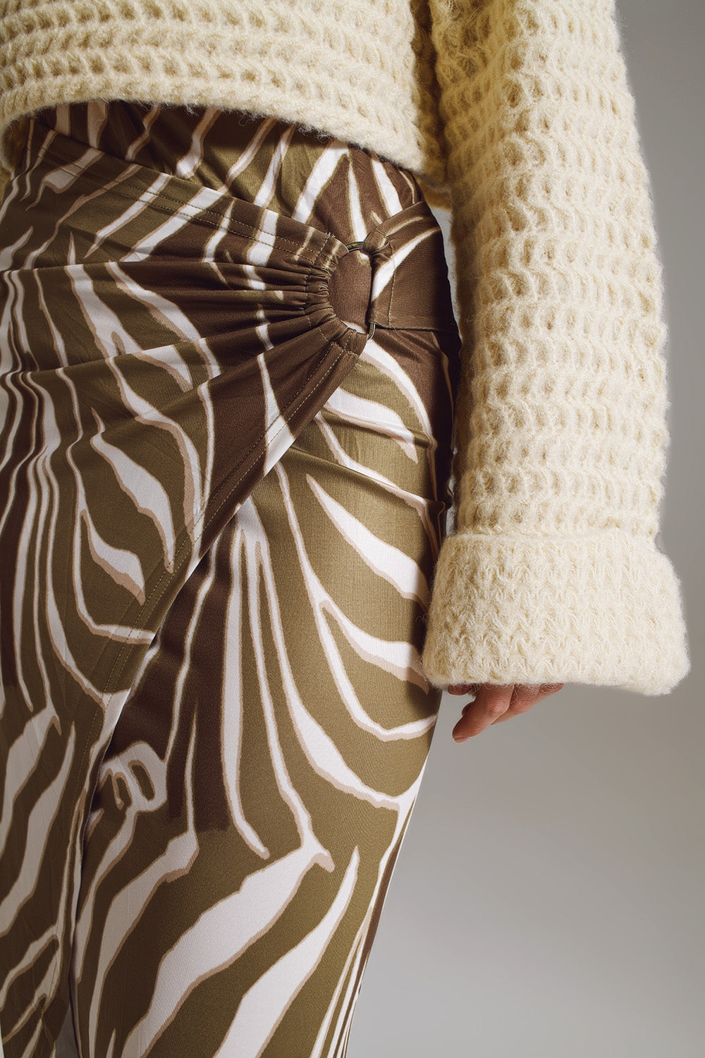 Wrap Skirt With Gathered Detail At The Side In Olive Green And Cream Zebra Prin